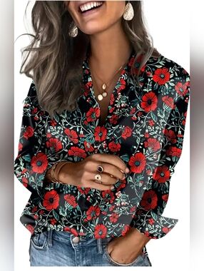 zeagoo Black Blouse with Red Floral Print
